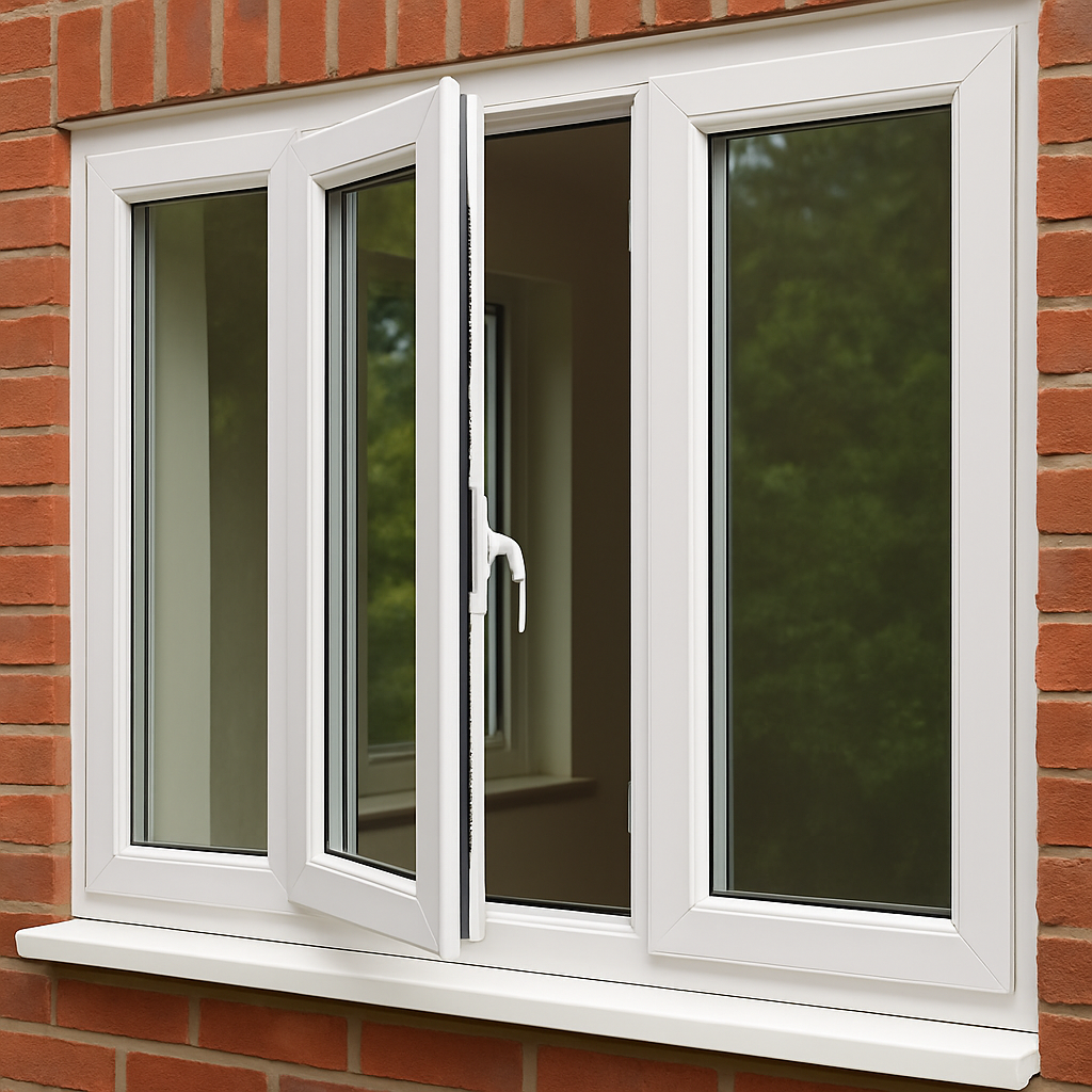 White uPVC casement window partially open on brick wall