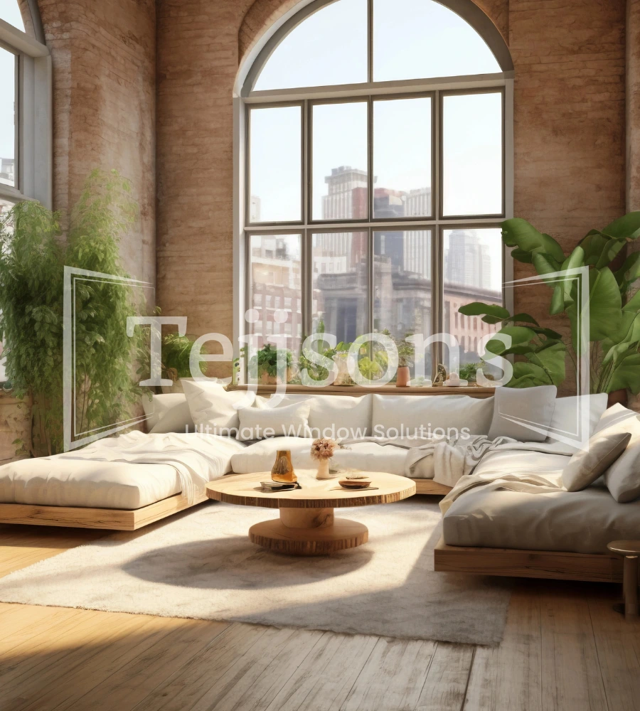 Tejjsons Elegant arched windows in spacious living room
