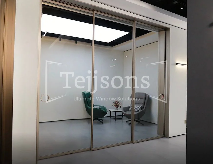 Motorised aluminium windows in sleek indoor lounge area