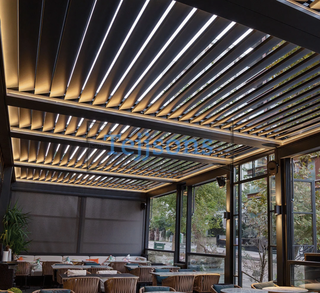 How Much Does a Bioclimatic Pergola Cost? A Complete Pricing Breakdown for Luxury Spaces 3 Close-up view of motorized pergola louvers under natural daylight