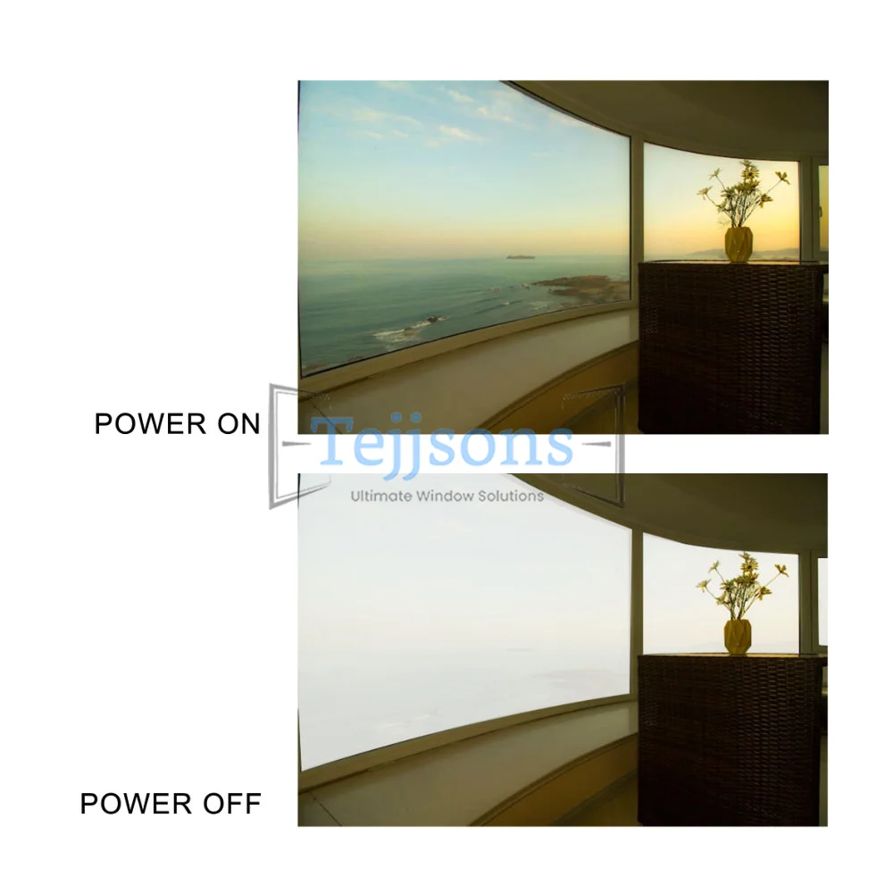 Before and after illustration showing smart glass windows moving from transparent to opaque