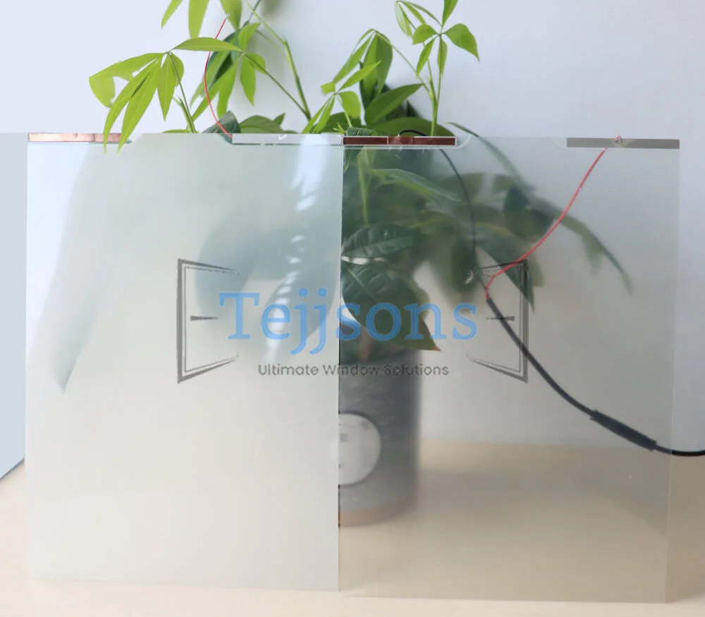 Before and after view of smart glass shifting from clear to opaque