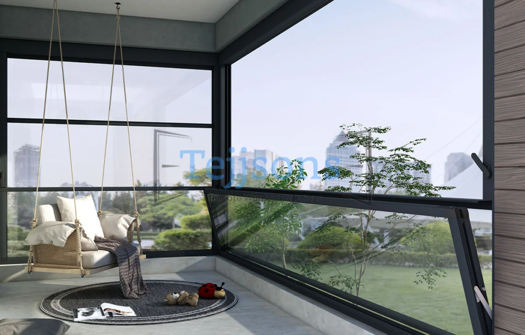 Corner aluminium window system overlooking landscaped greenery