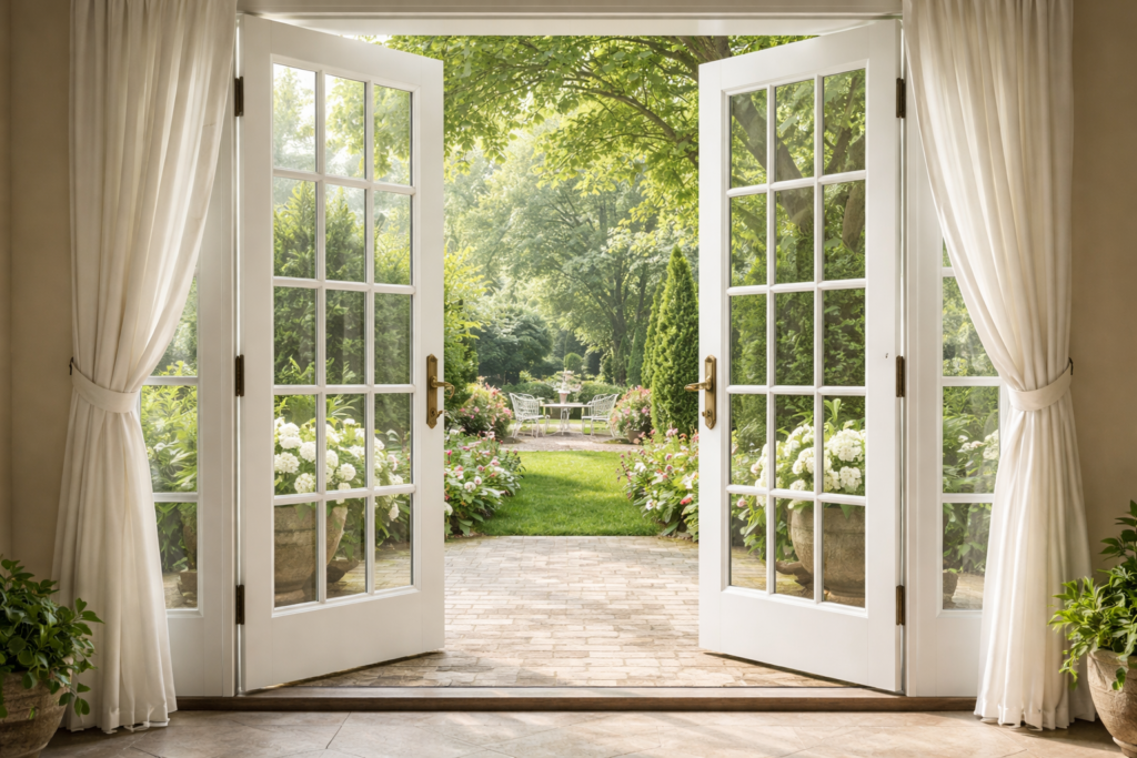 Elegant French doors opening towards lush garden patio