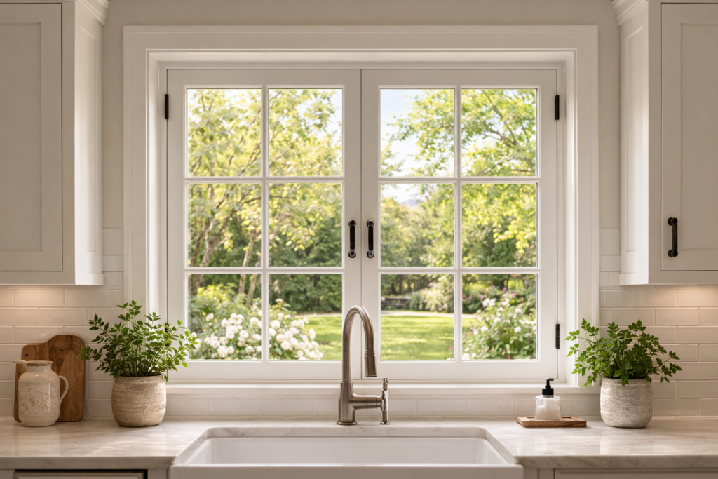 French kitchen window above sink overlooking bright garden
