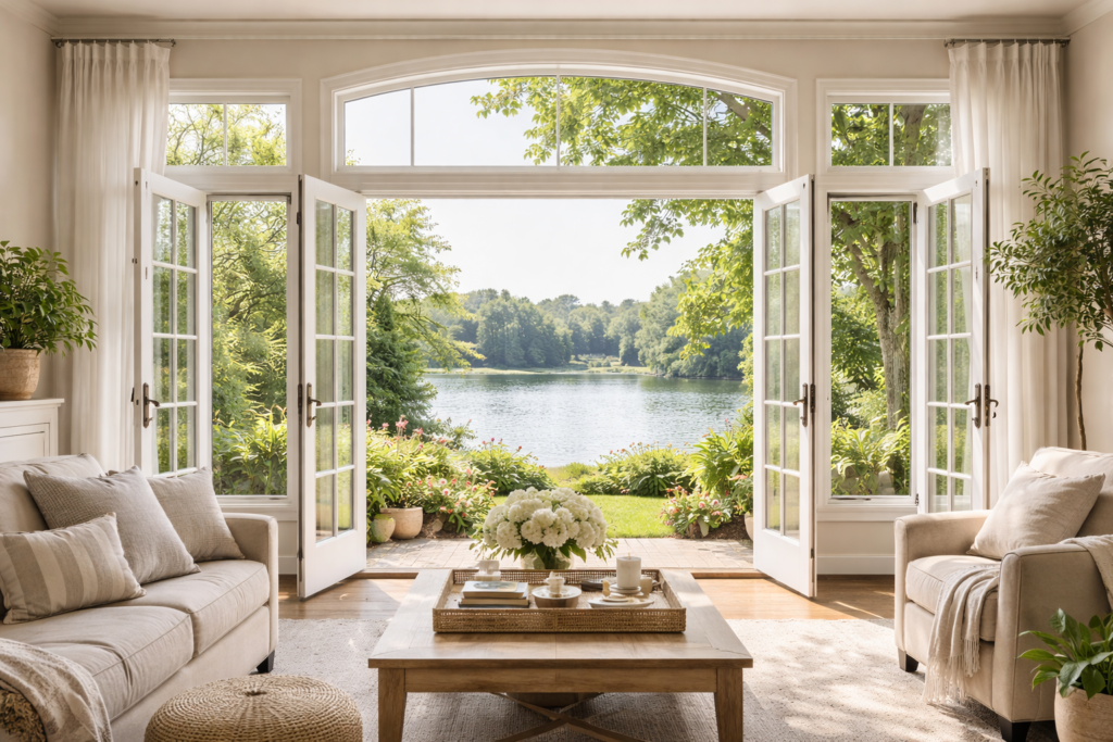 Bright living room with open windows overlooking peaceful lake view