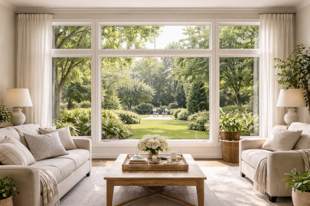 Large fixed windows with garden view in elegant living room