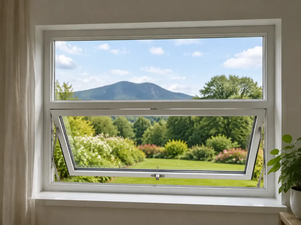 Open Modern bottom-hung casement window with garden view