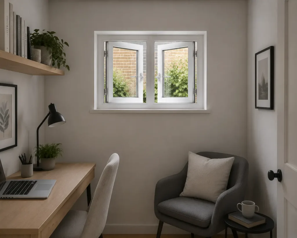Compact home office with casement windows and desk setup