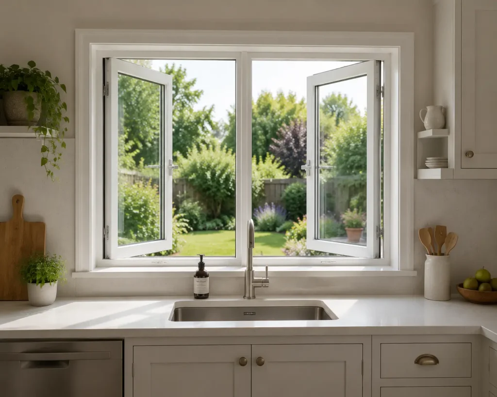 Kitchen white casement windows open towards outdoor