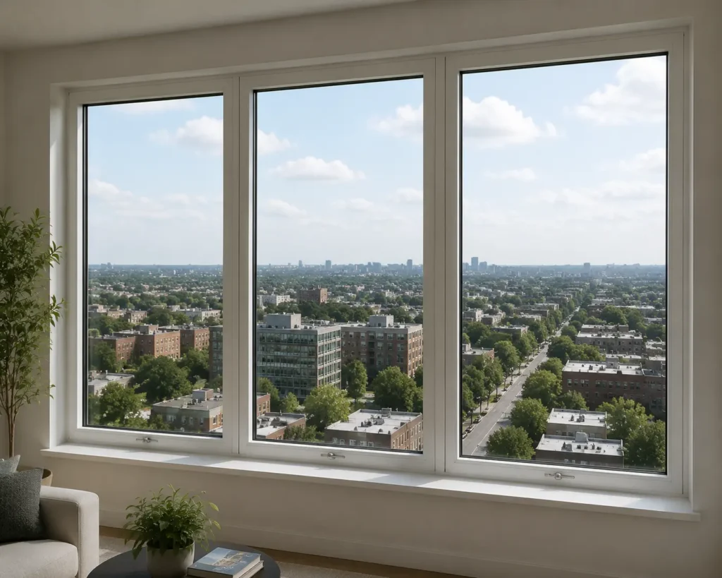 Spacious interior with fixed casement window and city skyline