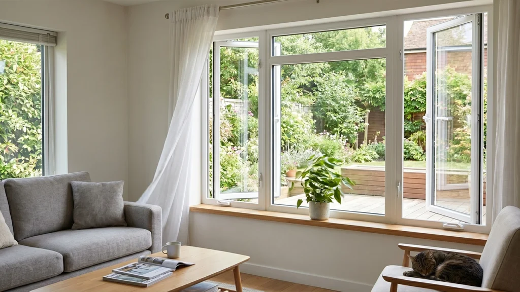 Living space featuring casement windows overlooking the garden
