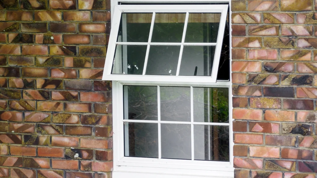 The outswing white casement window opened outward on a brick exterior wall